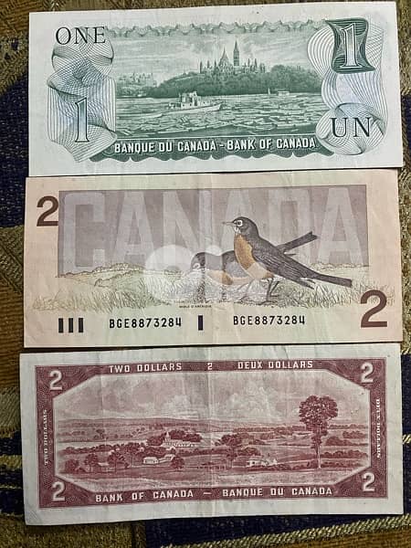 1, 2 Canadian dollars 1954 till 1986  banknotes 1
