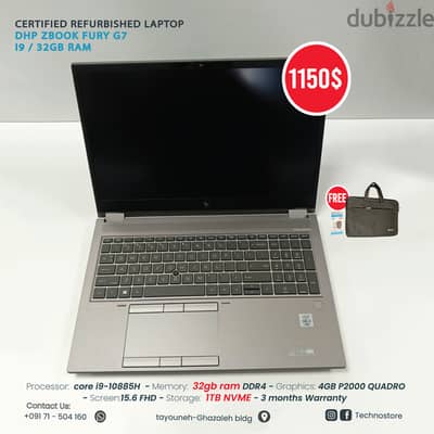 i9 32GB Hp Zbook Laptop Certified Refurbished Fury G7 Workstation