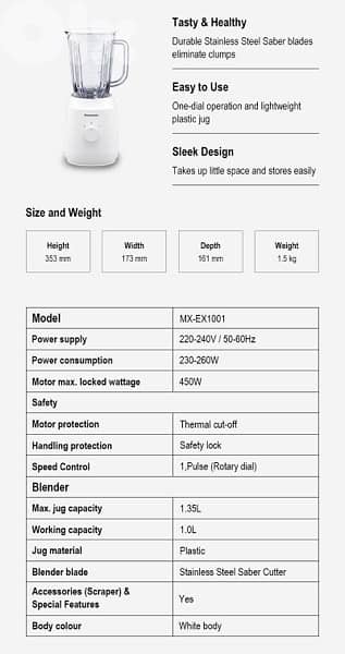 Panasonic MX-EX1001 LIGHTWEIGHT 1.0L BLENDER MX-EX1001WSK 7