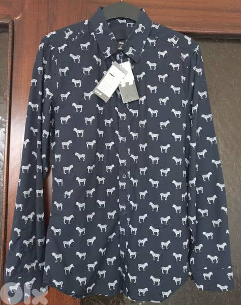 H&M Black & White Zebra Slim Fit Easy-iron Long Sleeves Shirt 0
