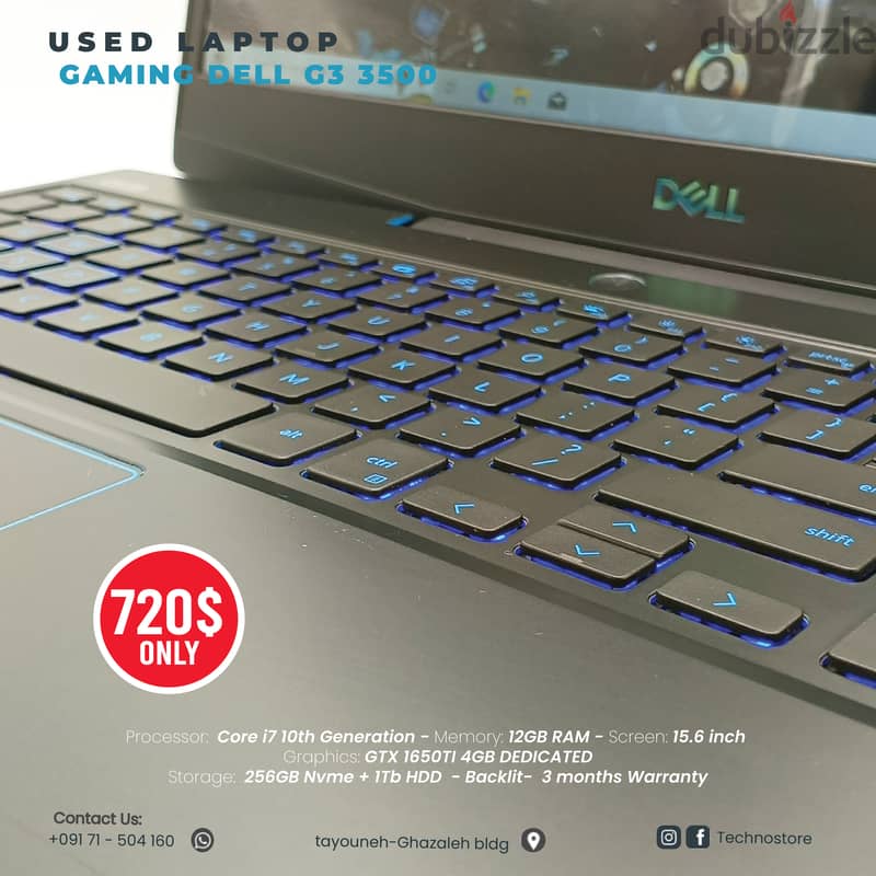 Used laptop Gaming Dell G3 3500 Core i7 10th Generation 12GB GTX 1650T 3