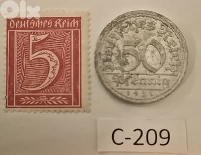 1921 Germany Weimar 50 Pfennig Lot# C-209 with stamps