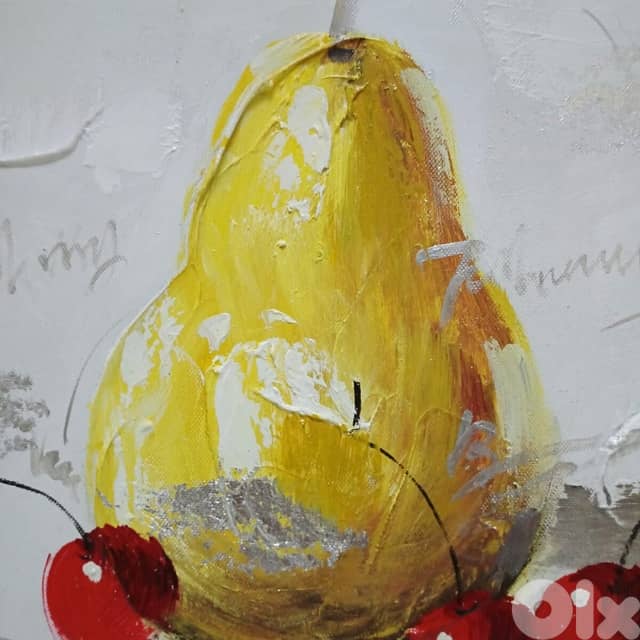 Pear and Cherries Canvas Painting – Modern 30x30 Acrylic Art 1