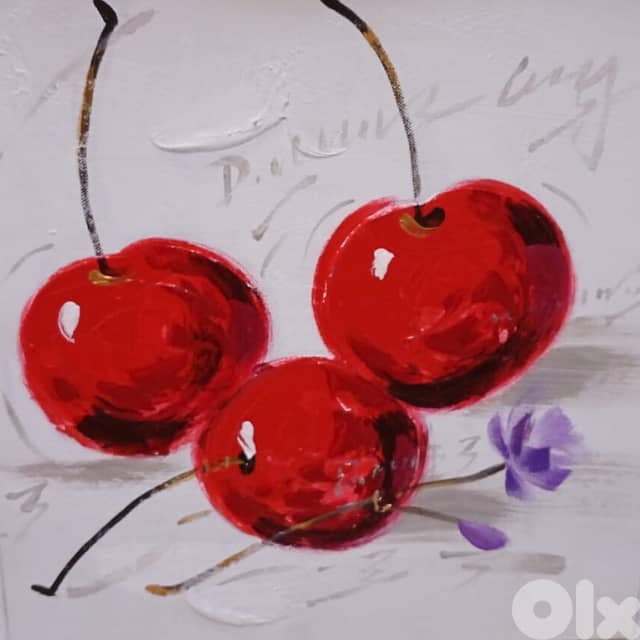 3 Cherries Canvas Painting – Modern 30x30 Portrait Décor 1