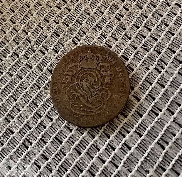 1864 Belgium Leopold Premier 2 Centimes copper coin 0