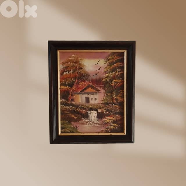 Village House Painting on Canvas 31 x 26 Bordered Picture 1