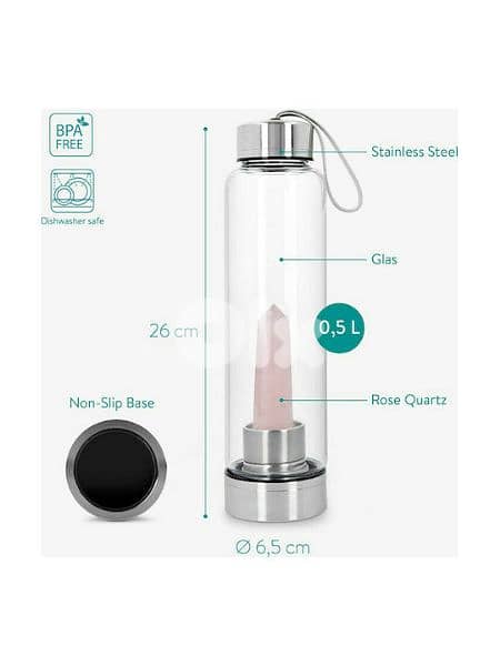 navarais/ glass water bottle with rose quarz 1
