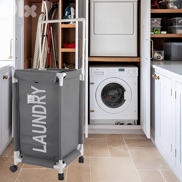 Oxford Clothes Laundry Basket, 63L with Wheels and Carry Handle 4