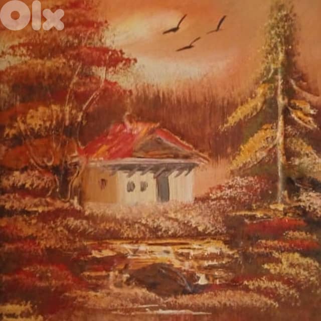 Autumn Home Painting, Warm Tones with Brown Border 33 x 28 1