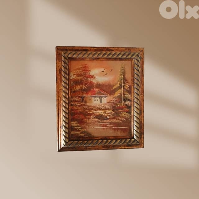 Autumn Home Painting, Warm Tones with Brown Border 33 x 28 2