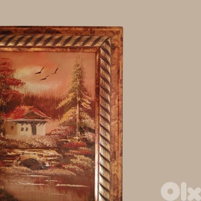 Autumn Home Painting, Warm Tones with Brown Border 33 x 28 3