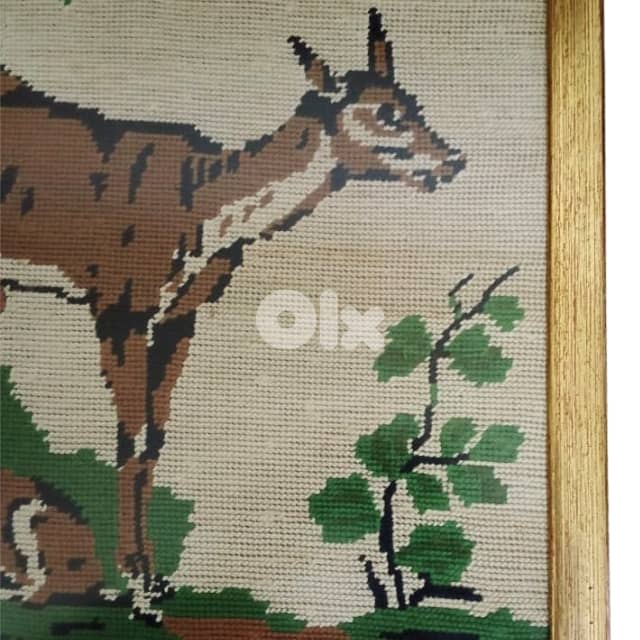 Couple Deer Textile Portrait, Light Brown Border 33.5 x 39.5 1