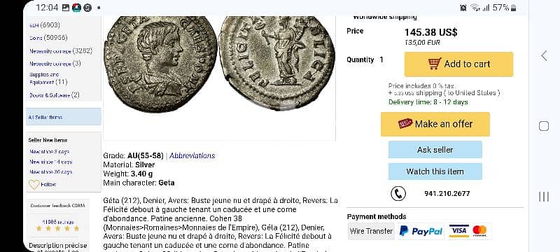 Geta Ancient Roman Ceaser Silver Coin Denarius year  212 AD. 2