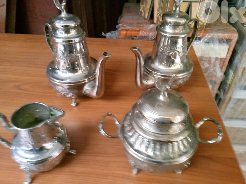 طقم ابريق شاي مغربي نحاس مفضض 0
