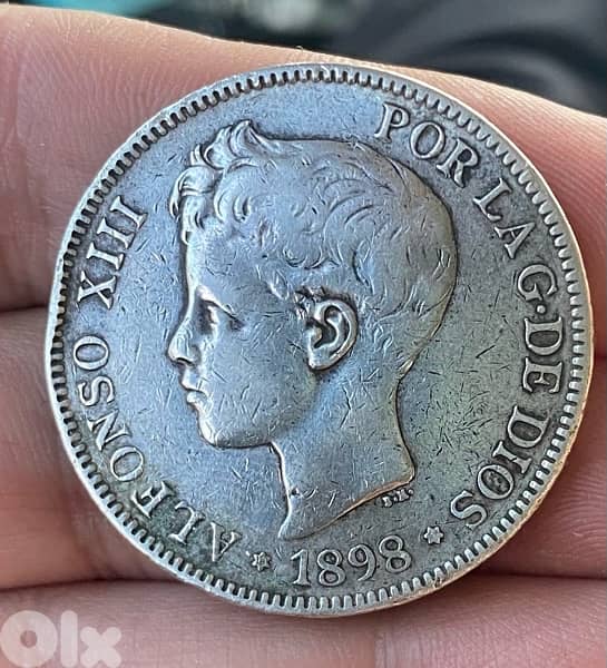 عملة عملات قديمة فضة ٥ بيزيتا أسباني الملك الفونسو وهو صبي سنة ١٨٩٨ 0