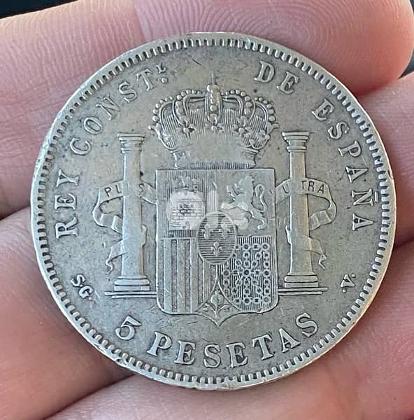 عملة عملات قديمة فضة ٥ بيزيتا أسباني الملك الفونسو وهو صبي سنة ١٨٩٨ 2