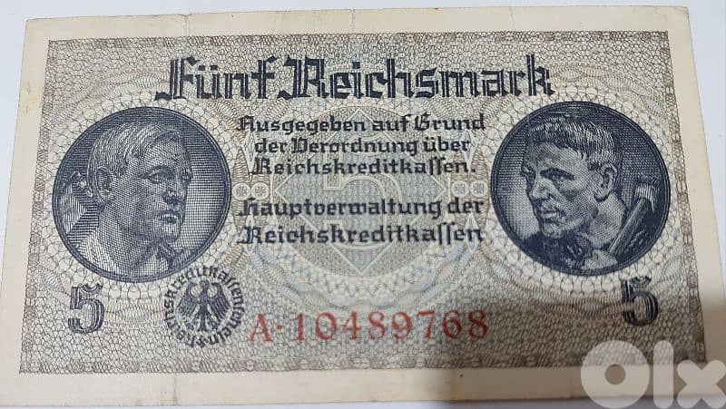 Nazi German Banknote Five Reich Mark WW II Hitler Era with Sawastica 0