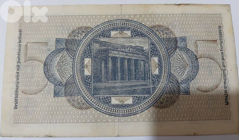 Nazi German Banknote Five Reich Mark WW II Hitler Era with Sawastica 1
