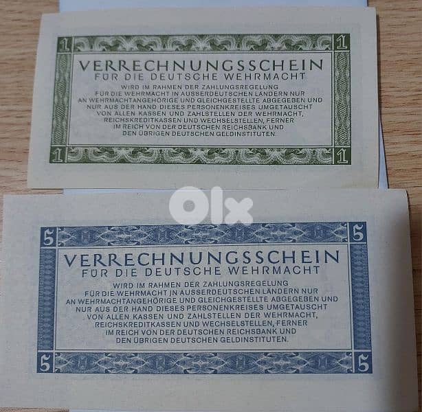 Nazi German set of two Banknotes 1 &5 Reich Mark WWII Hitler year 1944 1