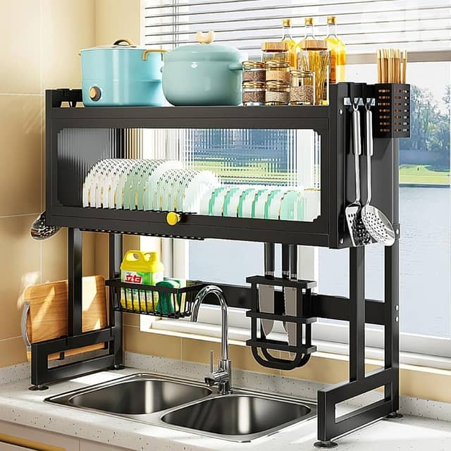 2-Layer Dish Drying Rack, Steel with Door, Black 0