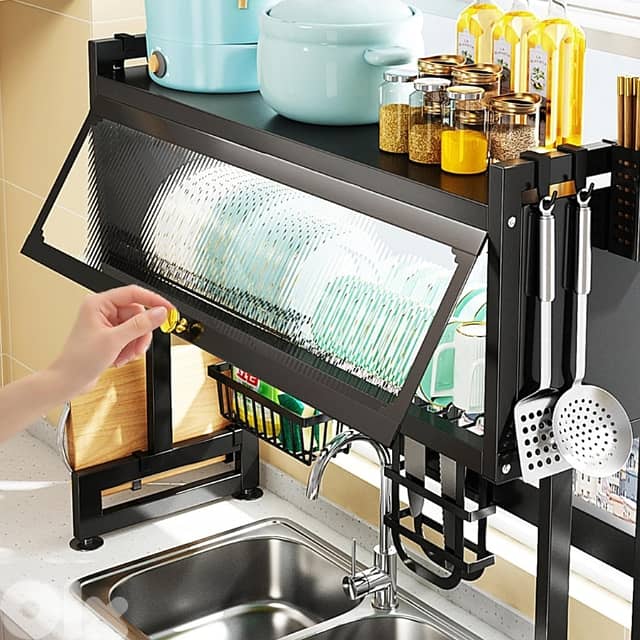 2-Layer Dish Drying Rack, Steel with Door, Black 1