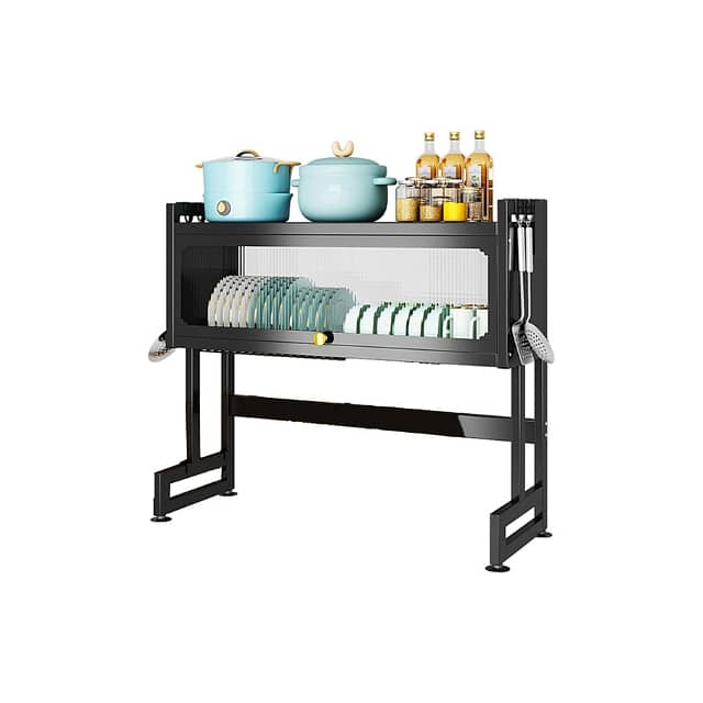 2-Layer Dish Drying Rack, Steel with Door, Black 4