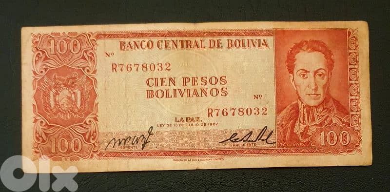 1962 Bolivia 100 Pesos old banknote 0