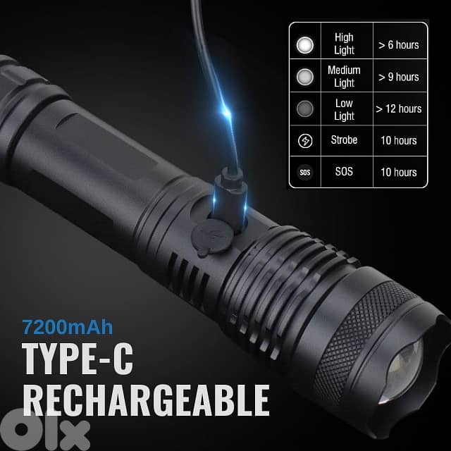 Tactical Torch Light, Bright 7200mAh Flashlight, Metal 16.6cm 1