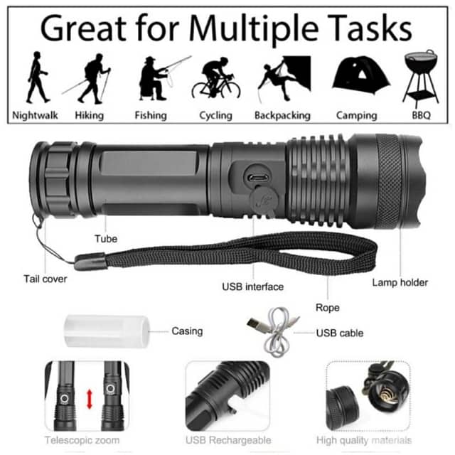 Tactical Torch Light, Bright 7200mAh Flashlight, Metal 16.6cm 4