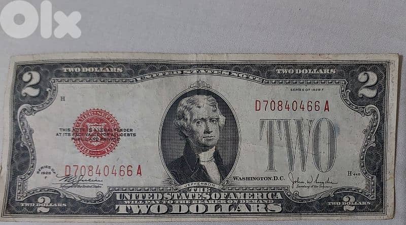 Red Seal USA  Two Dollar year 1928 Banknote of President Jefferson 0