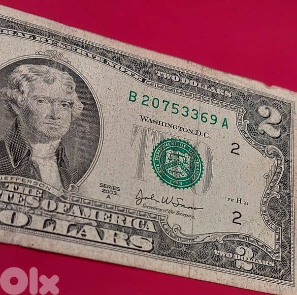 USA $2 bill 2003A old banknote 0