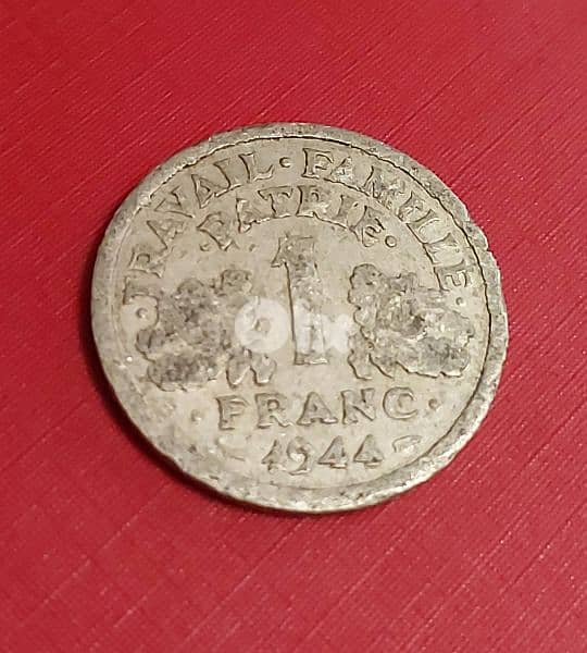1944 France Vichy  WWII 1 Franc Bazor 0
