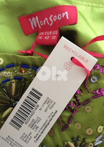 Monsoon lime green silk maxi evening dress size 42 (40) فستان سهرة 3