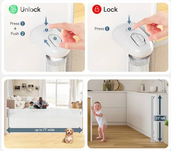 Retractable Baby Gates 150W x 85.6H centimetres /4$ delivery. 6