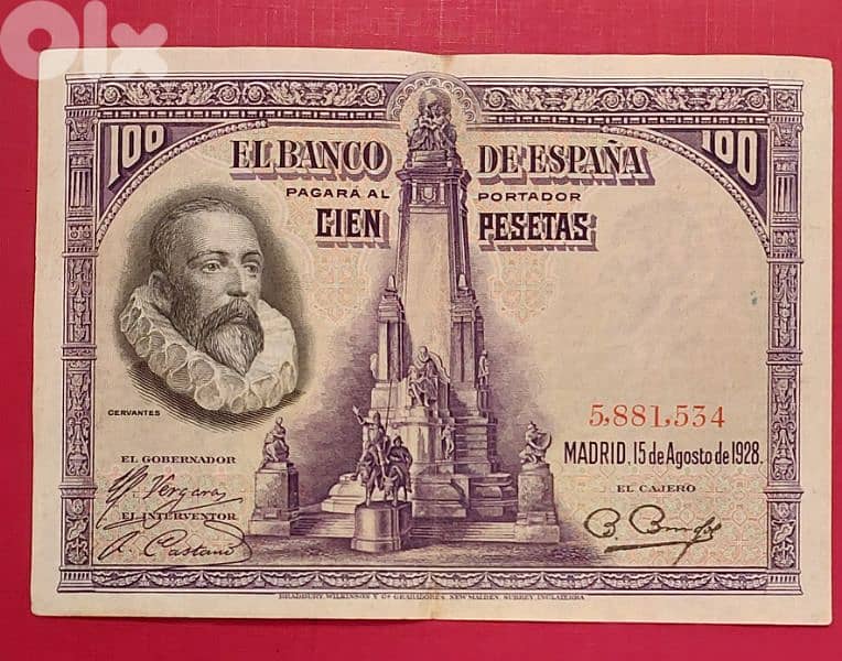 1928 Spain 100 Pesetas Alfonso XIII , Miguel De Cervanates potrait 1