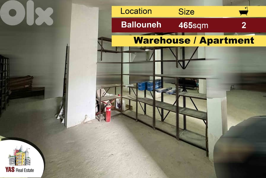 Ballouneh 465m2 Warehouse + Apartment | Road Level | New | Catch | 0