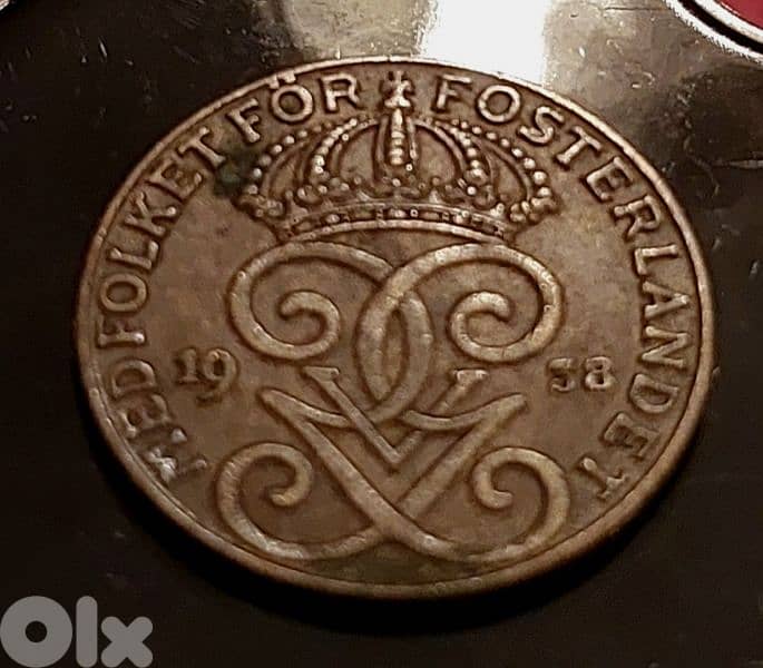 Sweden WWII 1938 2 Ore Gustav V bronze coin 1