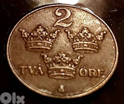 Sweden WWII 1938 2 Ore Gustav V bronze coin