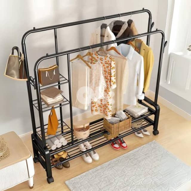 Double Clothes Rack with Shoe Shelves, Storage Boxes & Wheels ستاند 1