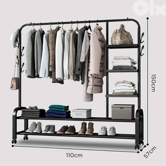 Double Clothes Rack with Shoe Shelves, Storage Boxes & Wheels ستاند 7