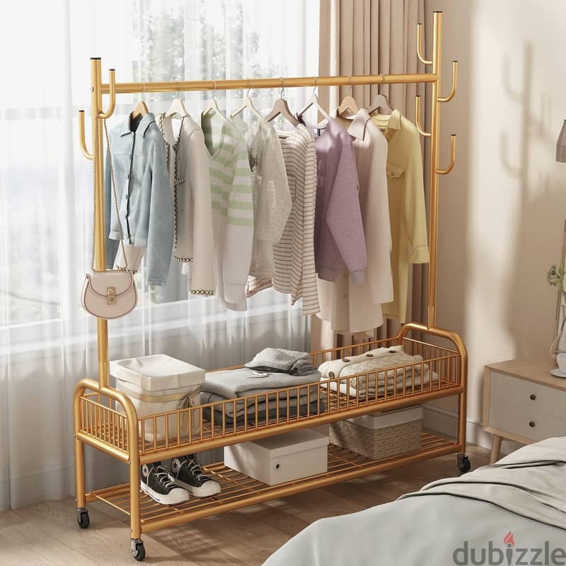 Golden Clothes Rack with Shoe Storage, Shelves & Side Hooks 0