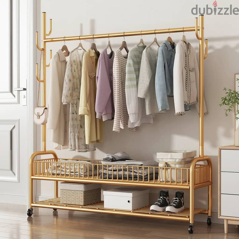Golden Clothes Rack with Shoe Storage, Shelves & Side Hooks 1