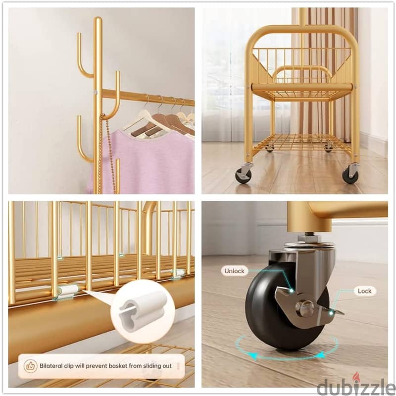 Golden Clothes Rack with Shoe Storage, Shelves & Side Hooks 2