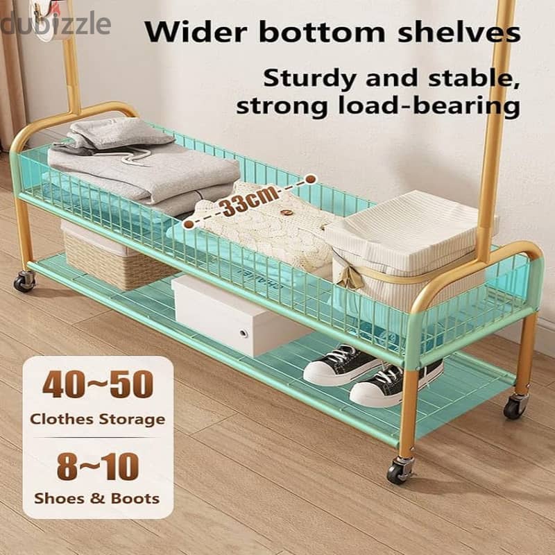 Golden Clothes Rack with Shoe Storage, Shelves & Side Hooks 3