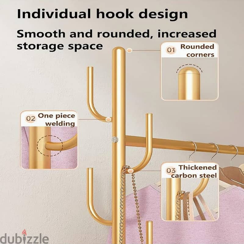 Golden Clothes Rack with Shoe Storage, Shelves & Side Hooks 4