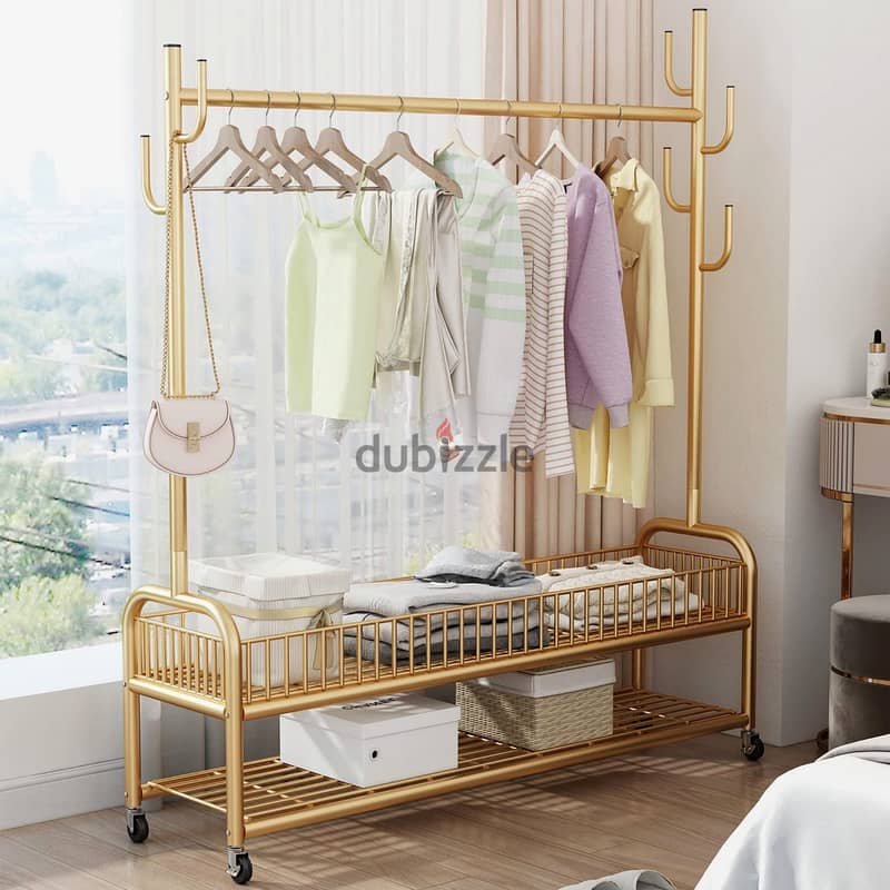 Golden Clothes Rack with Shoe Storage, Shelves & Side Hooks 6