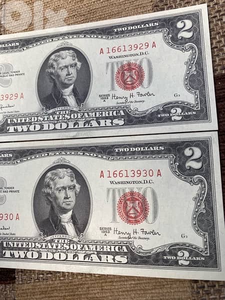 عملة قطعتين اميركي ٢$ رد سيل سوبر  انسر ارقام متسلسلة سنة ١٩٦٣ 2