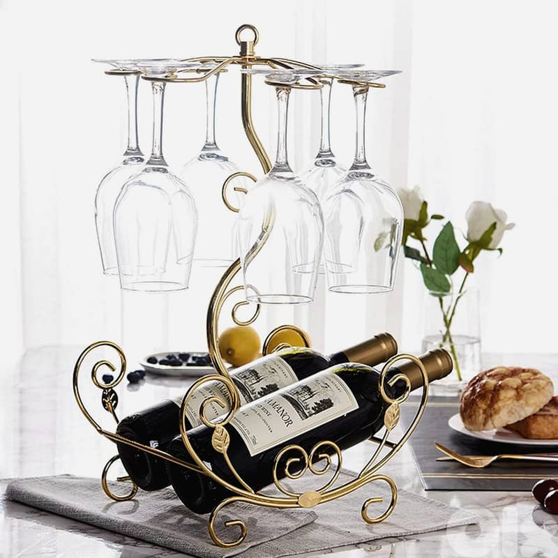 Golden Vine Wine Rack, 2 Bottles & 6 Glasses Display Holder 0