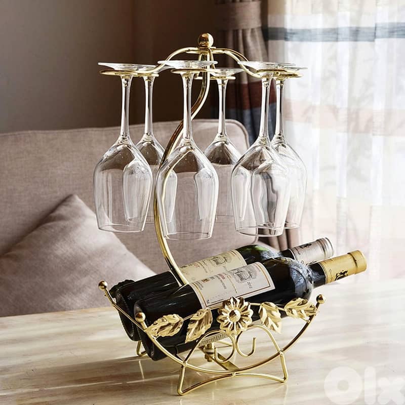 Olive Wine Rack - Gold Wine Storage for 2 Bottles, 6 Glasses 0