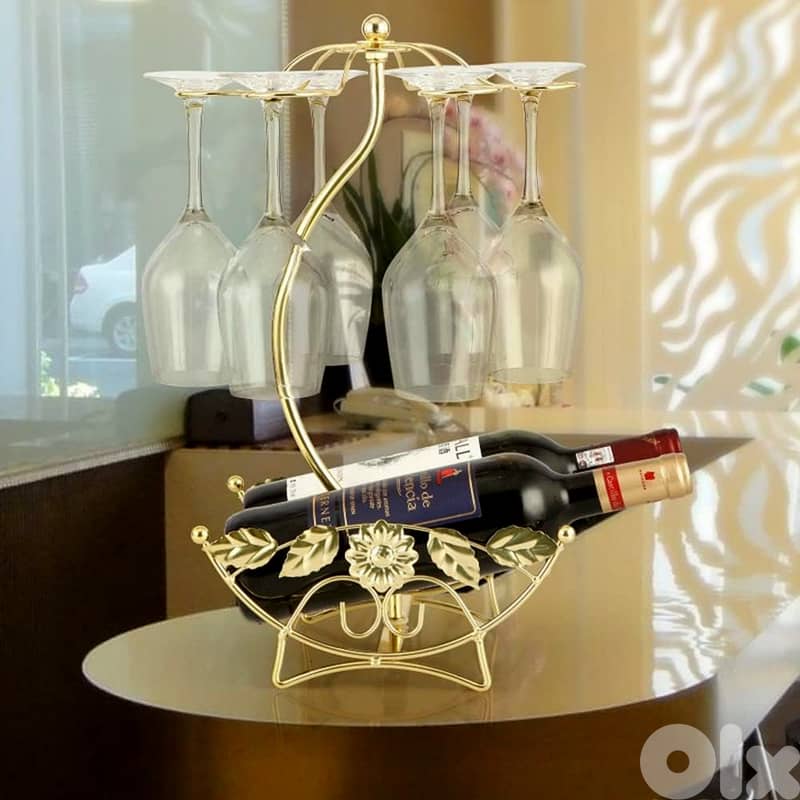 Olive Wine Rack - Gold Wine Storage for 2 Bottles, 6 Glasses 1